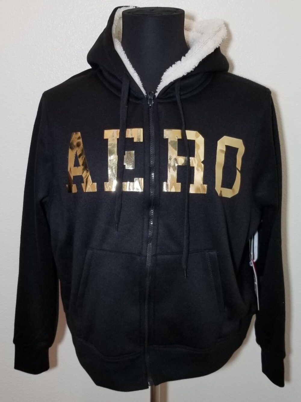 Aéropostale Black Faux Fur Lined Full Zip Hoodie Gold Logo Womens Sz 1X Y2K NWT